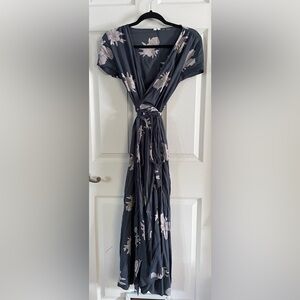 Roxy Charcoal Gray & Dusty Rose Floral Maxi Dress with Tie Waist